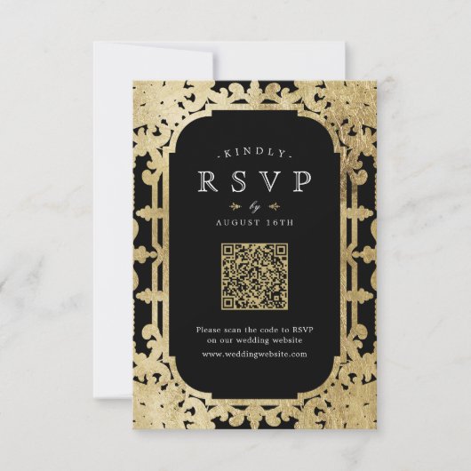 Zwart & goud elegante romantische  QR-code RSVP Kaartje (Voorkant)