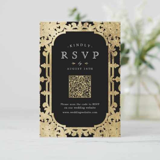 Zwart & goud elegante romantische  QR-code RSVP Kaartje (Staand voorkant)