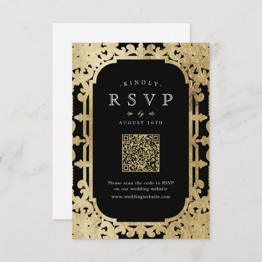 Zwart & goud elegante romantische  QR-code RSVP Kaartje (Voorkant / Achterkant)