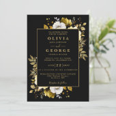 Zwart Goud Elegante Rustieke Bloemen QR Code Huwel Kaart (Staand voorkant)