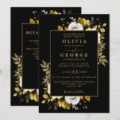Zwart Goud Elegante Rustieke Bloemen QR Code Huwel Kaart (Voorkant / Achterkant)
