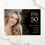 Zwart Goud Elegante Verrassingsfoto 50e Verjaardag Kaart<br><div class="desc">Bloemzwart en goud verrassing 50ste verjaardag feestuitnodiging met uw foto op de voorkant van de kaart. Elegant modern ontwerp met botanische overzichtstekeningen,  accenten en typografie script lettertype. Eenvoudige trendy uitnodigingskaart perfect voor een stijlvol vrouwen dagfeest. Kan worden aangepast aan elke leeftijd. Gedrukte Zazzle-uitnodigingen of direct download digitale afdrukbare sjabloon.</div>