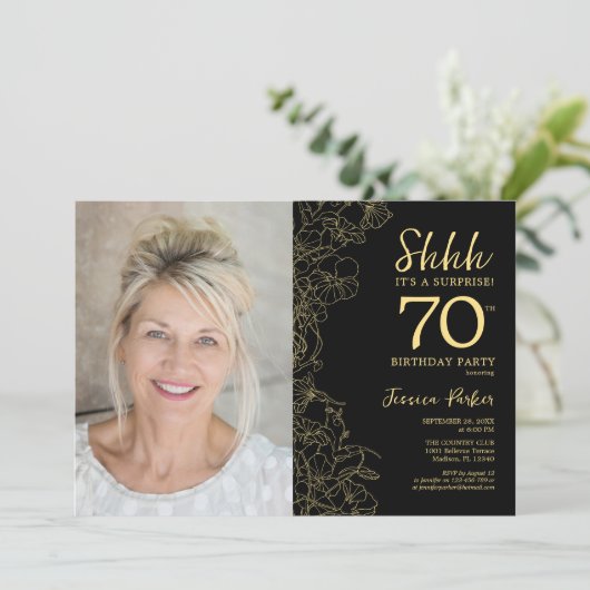 Zwart Goud Elegante Verrassingsfoto 70e Verjaardag Kaart (Staand voorkant)