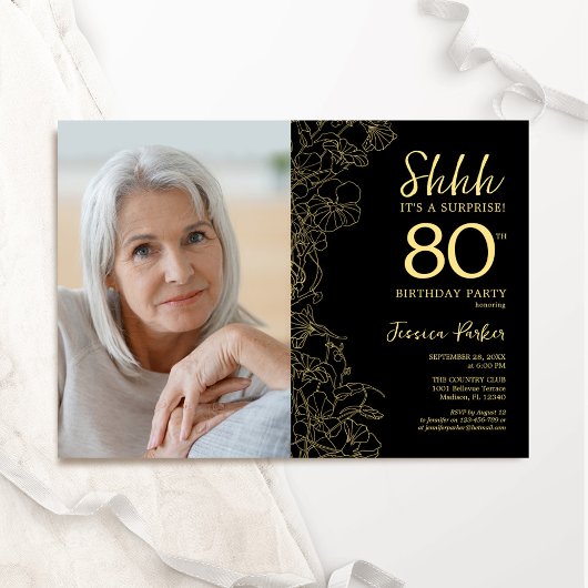 Zwart Goud Elegante Verrassingsfoto 80e Verjaardag Kaart