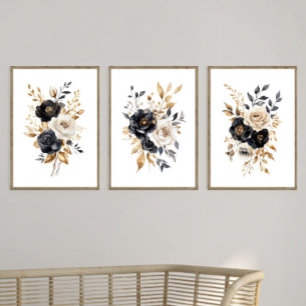 Zwart Goud Elegante Waterverf Bloemen Wall Art Muurkunst Sets