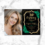 Zwart Goud Emerald Groen Foto 50e Verjaardag Kaart<br><div class="desc">Elegante bloemenuitnodiging voor de 50e verjaardag met uw foto. Glam zwart en groen ontwerp met faux glitter goud. Beschikt over smaragdgroene rozen, script lettertype en confetti. Perfect voor een stijlvol volwassen feestje. Personaliseer met je eigen gegevens. Kan voor om het even welke leeftijd worden aangepast! Gedrukte Zazzle-uitnodigingen of direct download...</div>