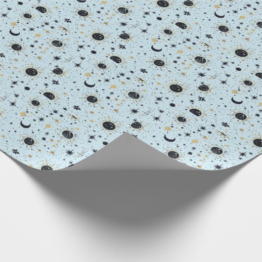 Zwart, Goud en Blauw Celestial Zon Maan Sterren Cadeaupapier (Hoek)