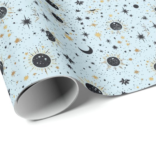 Zwart, Goud en Blauw Celestial Zon Maan Sterren Cadeaupapier (Rol Hoek)