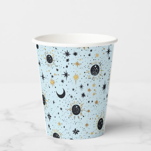 Zwart, Goud en Blauw Celestial Zon Maan Sterren Papieren Bekers (Voorkant)