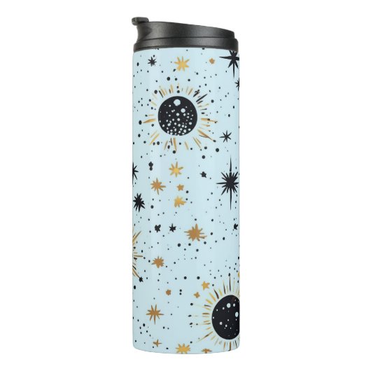 Zwart, Goud en Blauw Celestial Zon Maan Sterren Thermosbeker (Geroteerd rechts)