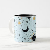 Zwart, Goud en Blauw Celestial Zon Maan Sterren Tweekleurige Koffiemok (Voorkant links)