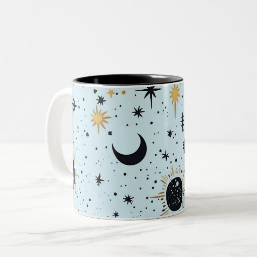 Zwart, Goud en Blauw Celestial Zon Maan Sterren Tweekleurige Koffiemok (Voorkant links)