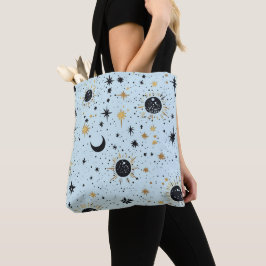 Zwart, Goud en Blauw Hemels Zon Maan Sterren Tote Bag