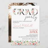 Zwart, Goud en Bloemen Graduation Party Kaart (Voorkant / Achterkant)