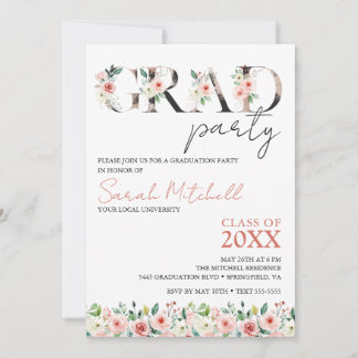 Zwart, Goud en Bloemen Graduation Party Kaart