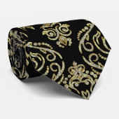 Zwart goud en diamanten  bloemdamast stropdas (Opgerold)