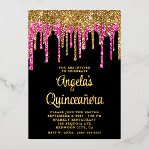 Zwart Goud en Diep Roze Glitter Druppels Quinceañe Folie Uitnodiging