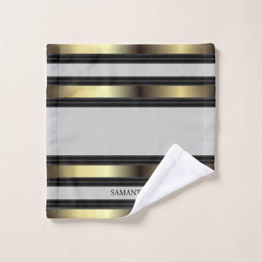 Zwart Goud en Grijs Geometrische Streepjesnaam Bad Handdoek (Wasdoekje)