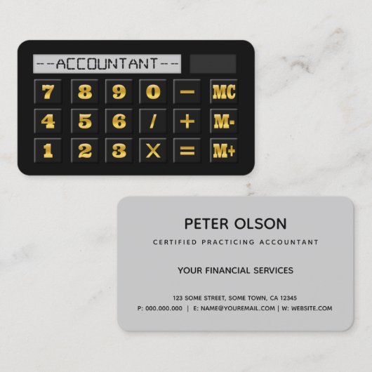 Zwart Goud en Grijs Rekenmachine CPA Belastingboek Visitekaartje (Voorkant / Achterkant)