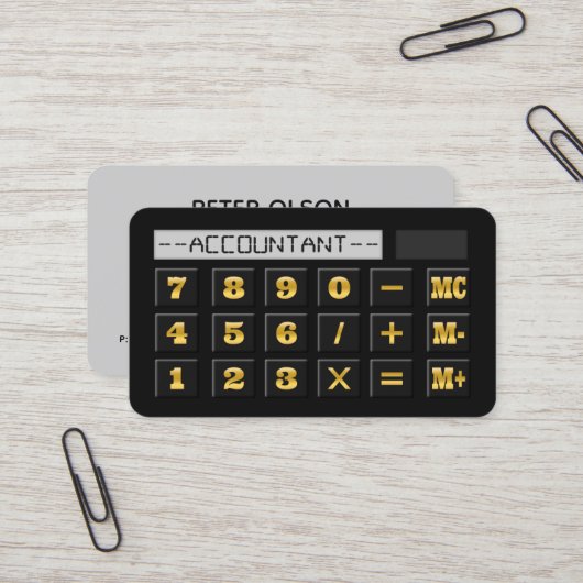 Zwart Goud en Grijs Rekenmachine CPA Belastingboek Visitekaartje (Voorkant / Achterkant in situ)