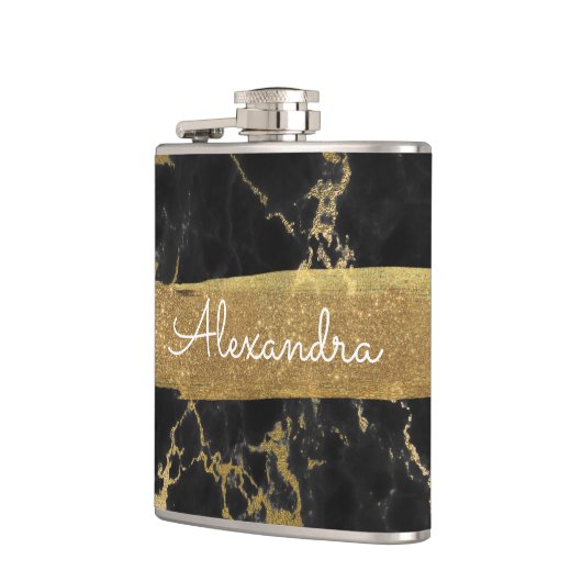 Zwart, goud en marmer met goudfolie en glitter heupfles (Links)