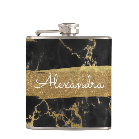 Zwart, goud en marmer met goudfolie en glitter heupfles (Voorkant)