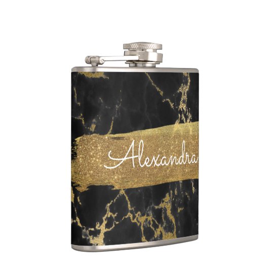 Zwart, goud en marmer met goudfolie en glitter heupfles (Rechts)