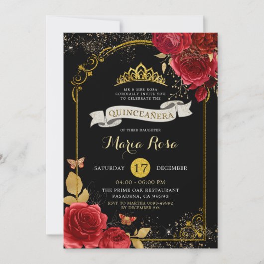 Zwart goud en rode rozen koninklijke kroon quincea kaart (Voorkant)