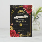 Zwart goud en rode rozen koninklijke kroon quincea kaart (Staand voorkant)