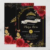 Zwart goud en rode rozen koninklijke kroon quincea kaart (Voorkant / Achterkant)