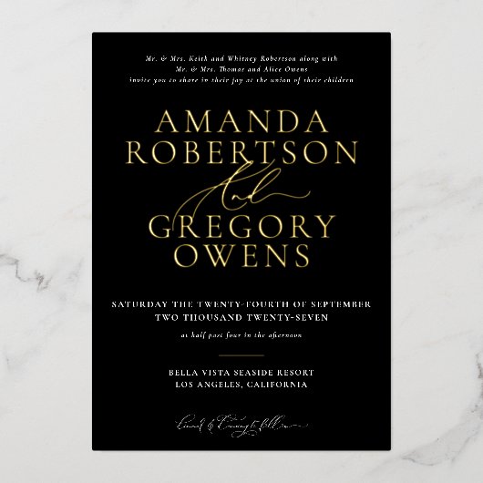 Zwart & Goud en Script Elegante bruiloft uitnodigi Folie Uitnodiging (Voorkant)