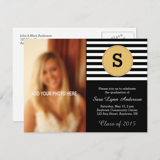 Zwart-Goud en Wit Monogram Foto Afstuderen Uitnodiging Briefkaart (Voorkant / Achterkant)