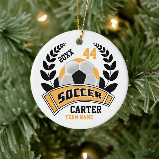 Zwart, Goud en Wit Personaliseer Voetbal ⚽ Keramisch Ornament (Boom)