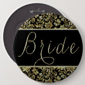 Zwart, Goud & Faux Glitter Damasks Bruid Tekst Ronde Button 6,0 Cm (Voorkant /achterkant)