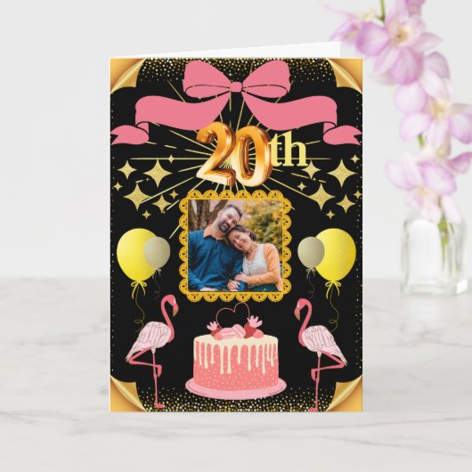 Zwart & Goud Flamingo's 20e Dochter Jubileum Kaart (Orchidee)