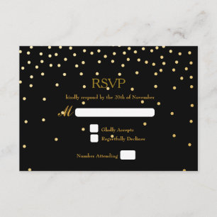 Zwart & Goud Folie Confetti Stippen Bruiloft RSVP  Kaartje