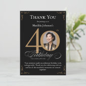 Zwart Goud Foto 40e Verjaardag Dank u Kaart (Staand voorkant)