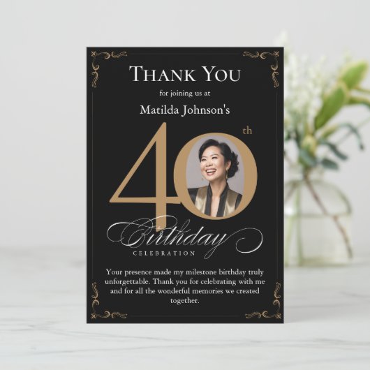Zwart Goud Foto 40e Verjaardag Dank u Kaart (Staand voorkant)
