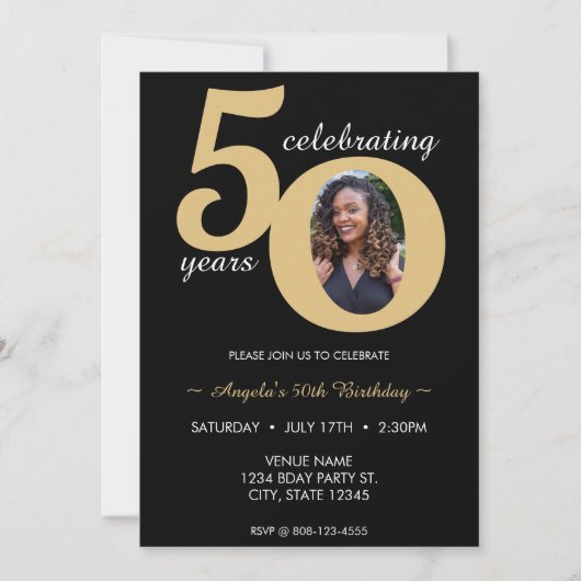Zwart & Goud Foto 50 Vijftig jaar 50ste verjaardag Kaart (Voorkant)