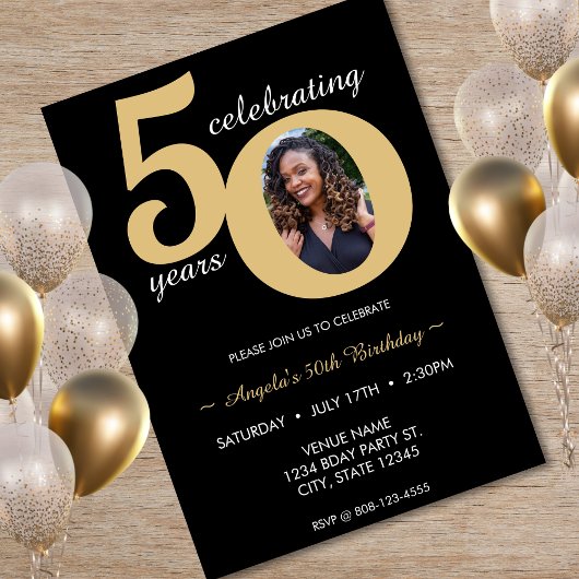 Zwart & Goud Foto 50 Vijftig jaar 50ste verjaardag Kaart