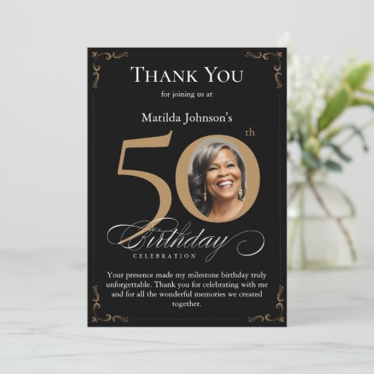 Zwart Goud Foto 50e Verjaardag Dank u Kaart (Staand voorkant)