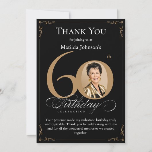 Zwart Goud Foto 60e Verjaardag Dank u Kaart (Voorkant)
