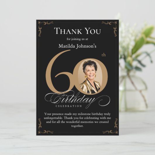 Zwart Goud Foto 60e Verjaardag Dank u Kaart (Staand voorkant)