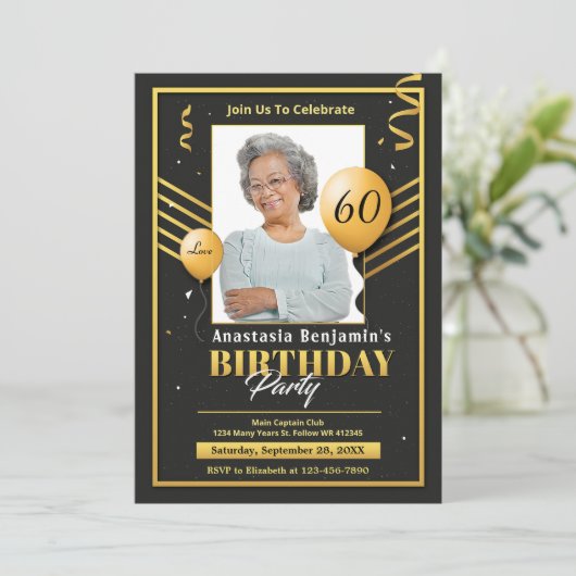 Zwart Goud Foto 60e Verjaardagsfeestje Personalise Aankondiging (Staand voorkant)