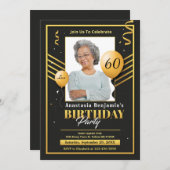Zwart Goud Foto 60e Verjaardagsfeestje Personalise Aankondiging (Voorkant / Achterkant)