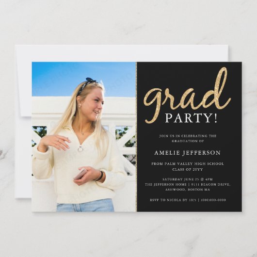 Zwart & Goud Foto Afstuderen Uitnodiging (Voorkant)