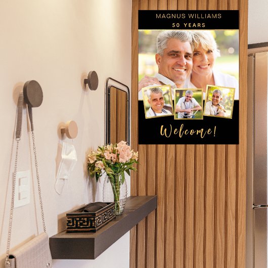 Zwart goud foto collage verjaardagsfeestje welkom poster