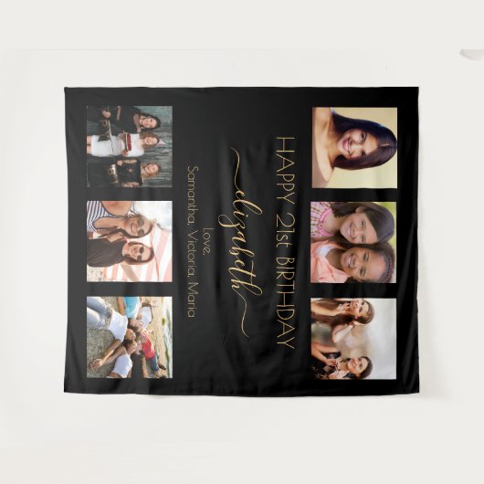 Zwart goud foto collage vrienden verjaardagsfeest wandkleed (Voorkant (horizontaal))