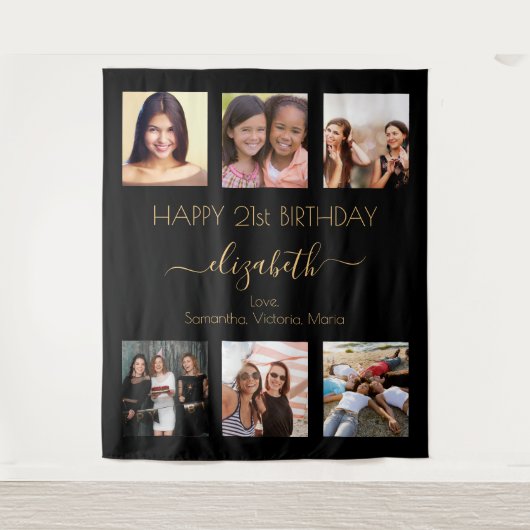 Zwart goud foto collage vrienden verjaardagsfeest wandkleed (Voorkant)