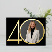 Zwart Goud Foto Minimalistisch 40e Verjaardagsfees Folie Uitnodiging (Staand Voorkant)